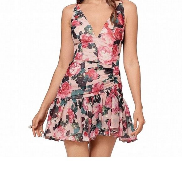 BLONDIE NITES Pink Floral Chiffon Sleeveless V Neck Mini w/ Ruffled skirt sz1/xs - Picture 1 of 14